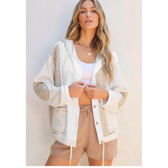 Jackets & Blazers - Beige Quilted Textured Patchwork Loose Fit Hooded Jacket